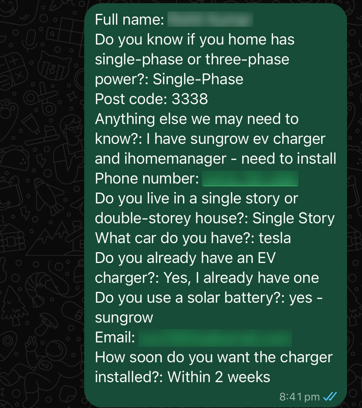 Example EV charger lead enquiry 2