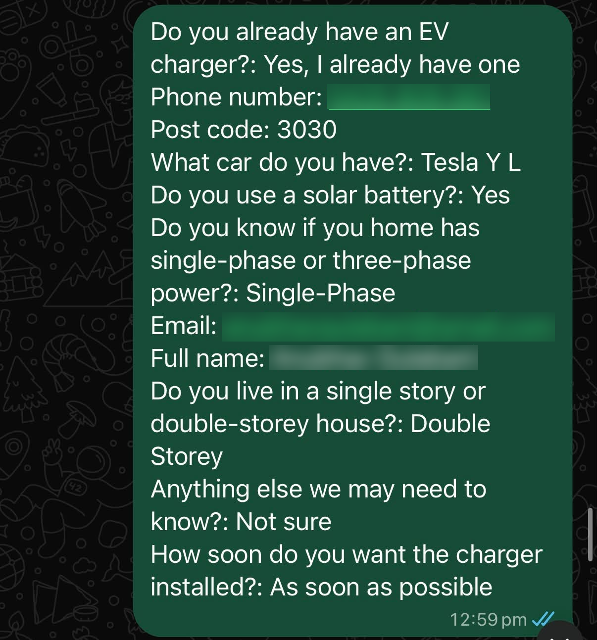 Example EV charger lead enquiry 4