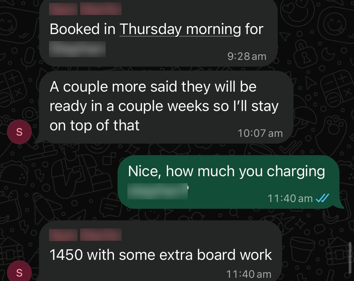 Electrician message: booked in a Thursday morning install charging $1,450 plus extra board work