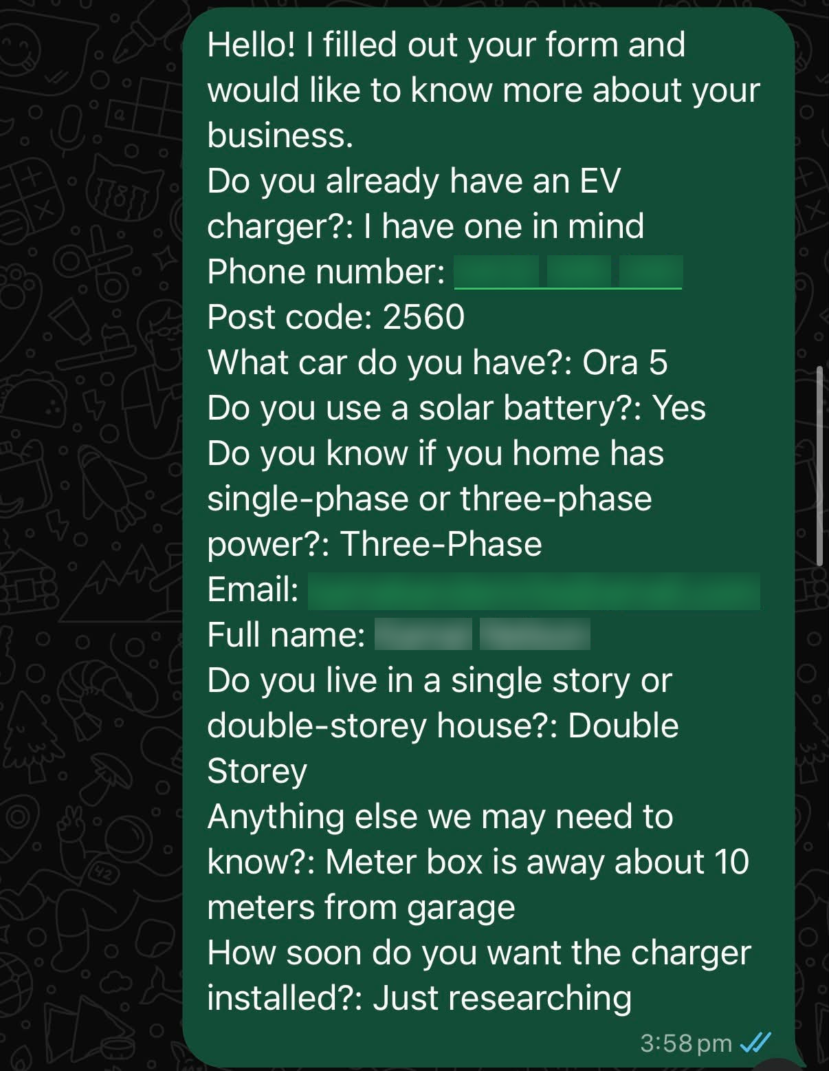 Example EV charger lead enquiry 6
