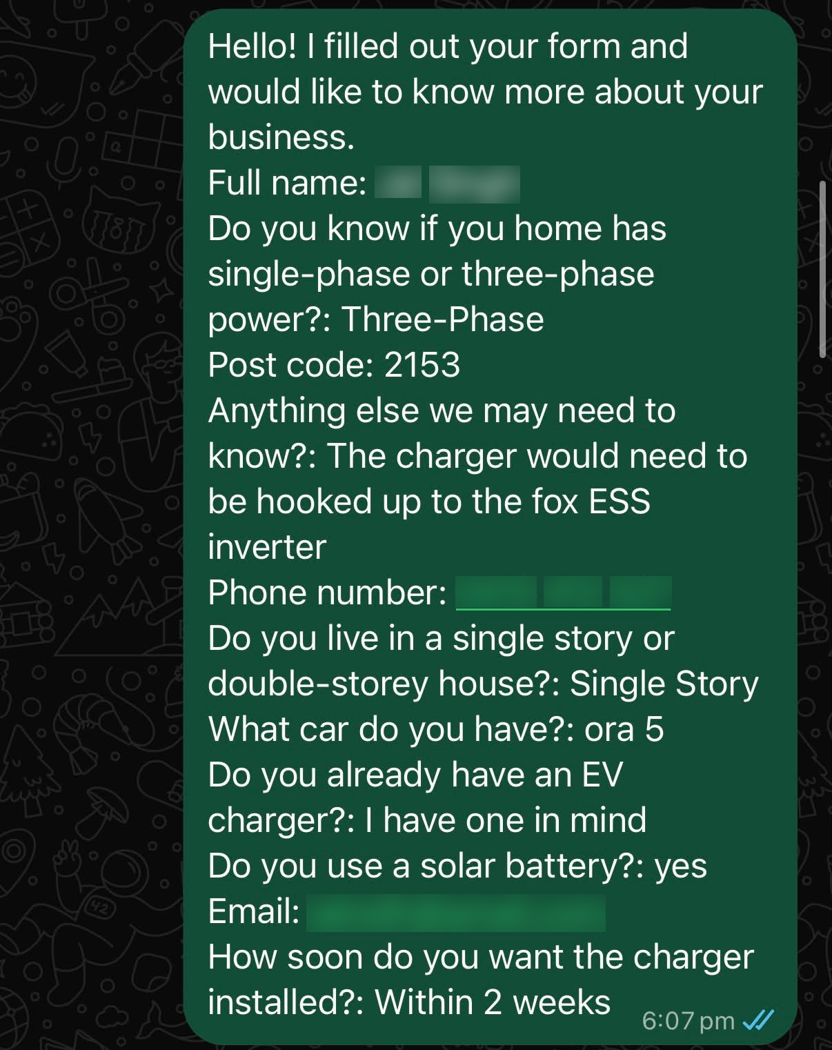 Example EV charger lead enquiry 5