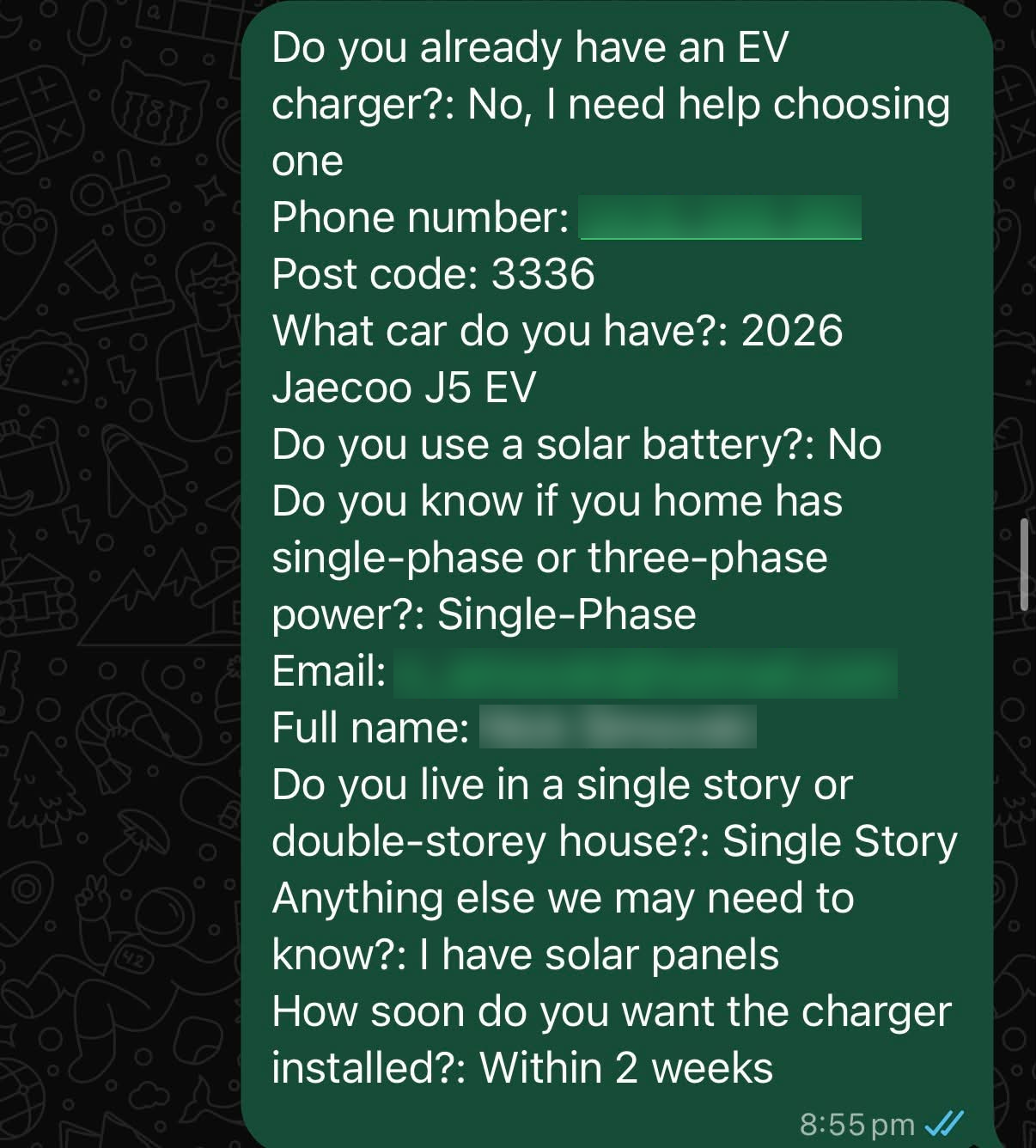 Example EV charger lead enquiry 3