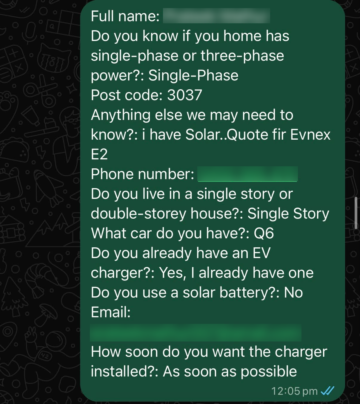 Example EV charger lead enquiry 1